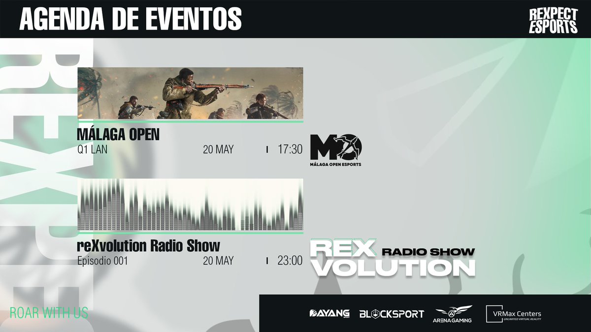 Rexpectesports's tweet photo. 𝔸𝔾𝔼ℕ𝔻𝔸 𝕄𝔸Ñ𝔸ℕ𝔸
➡️ #VALORANT
🏆 @MalagaOpen @TormentaVALes
⌚️ 17:30
➡️ RADIO SHOW #reXvolution
⌚️ 23:00
🎙 @titorullitv
🖥 https://t.co/YaYsYotkon
#RoarWithUs🦖💚 #GoRex👊 https://t.co/z3BS16aOUe