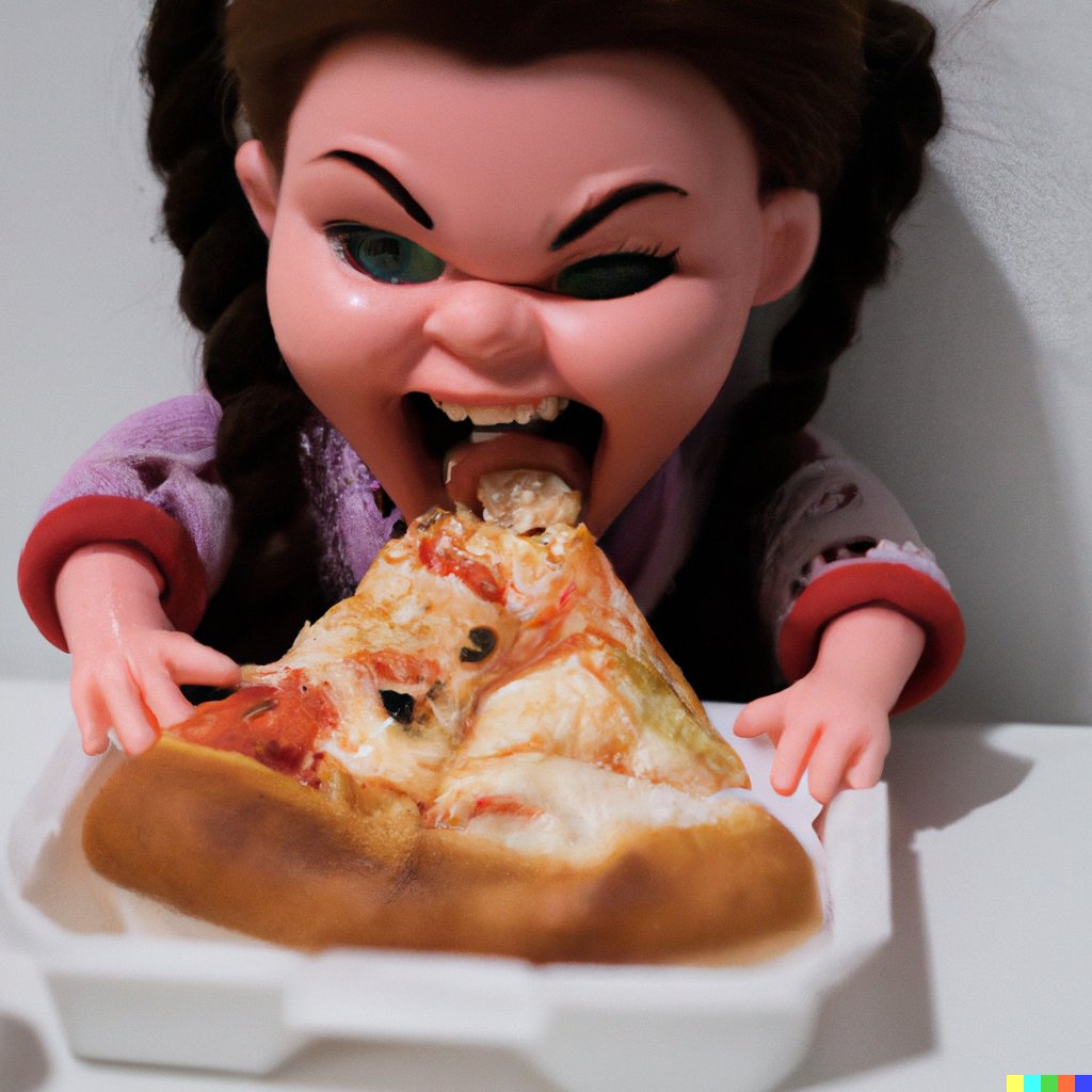 A photo of an evil children's doll eating a pizza. #dalle2 #AIart