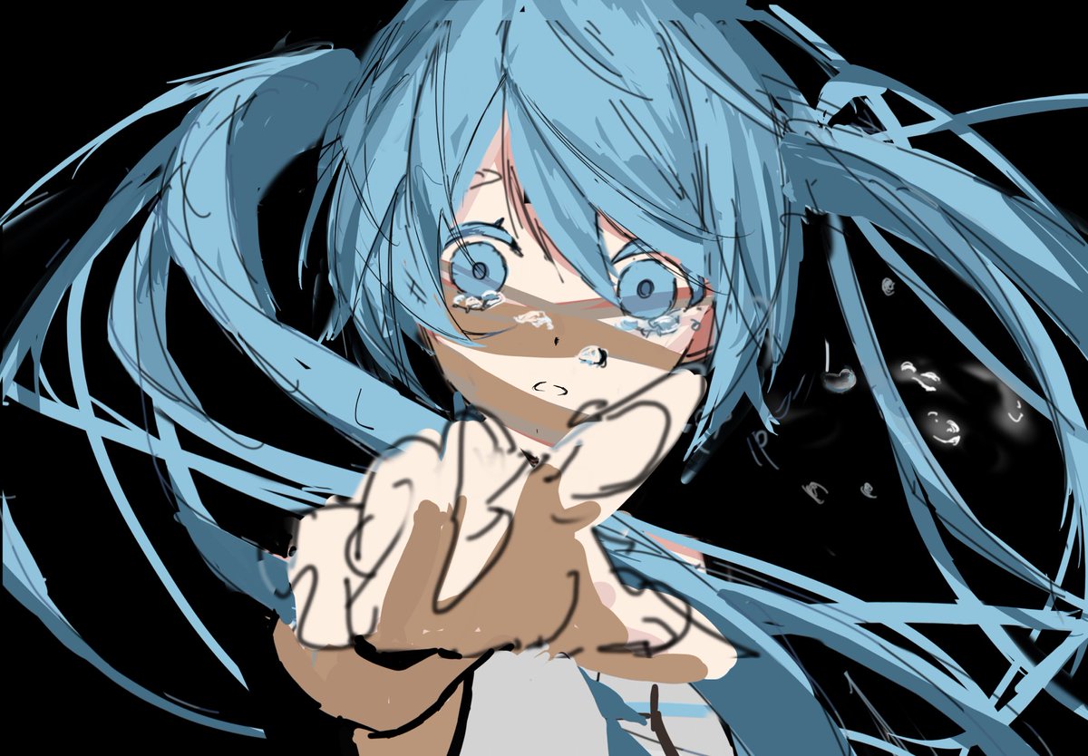 hatsune miku 1girl solo long hair tears twintails crying with eyes open black background  illustration images