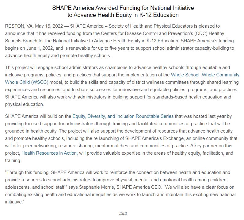 SHAPE America Awarded Funding for National Initiative to Advance Health Equity in K-12 Education

We are pleased to announce that we have received this funding from the <a href="/CDCgov/">CDC</a> Healthy Schools Branch

👇👇👇
shapeamerica.org/pressroom/2022…