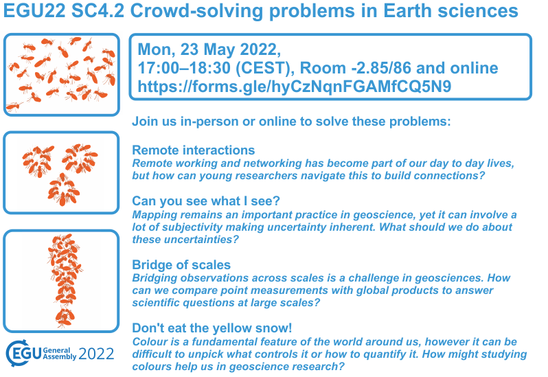 BSG_Postgrads's tweet photo. Join us on Monday at #EGU22 in-person (Room -2.85) or virtually (on Zoom!) to start crowd-solving and meet other Earth scientists! #earthscience #crowdsolving @EGU @younggeomorph
We'll be discussing... https://t.co/X31kU3ixaw