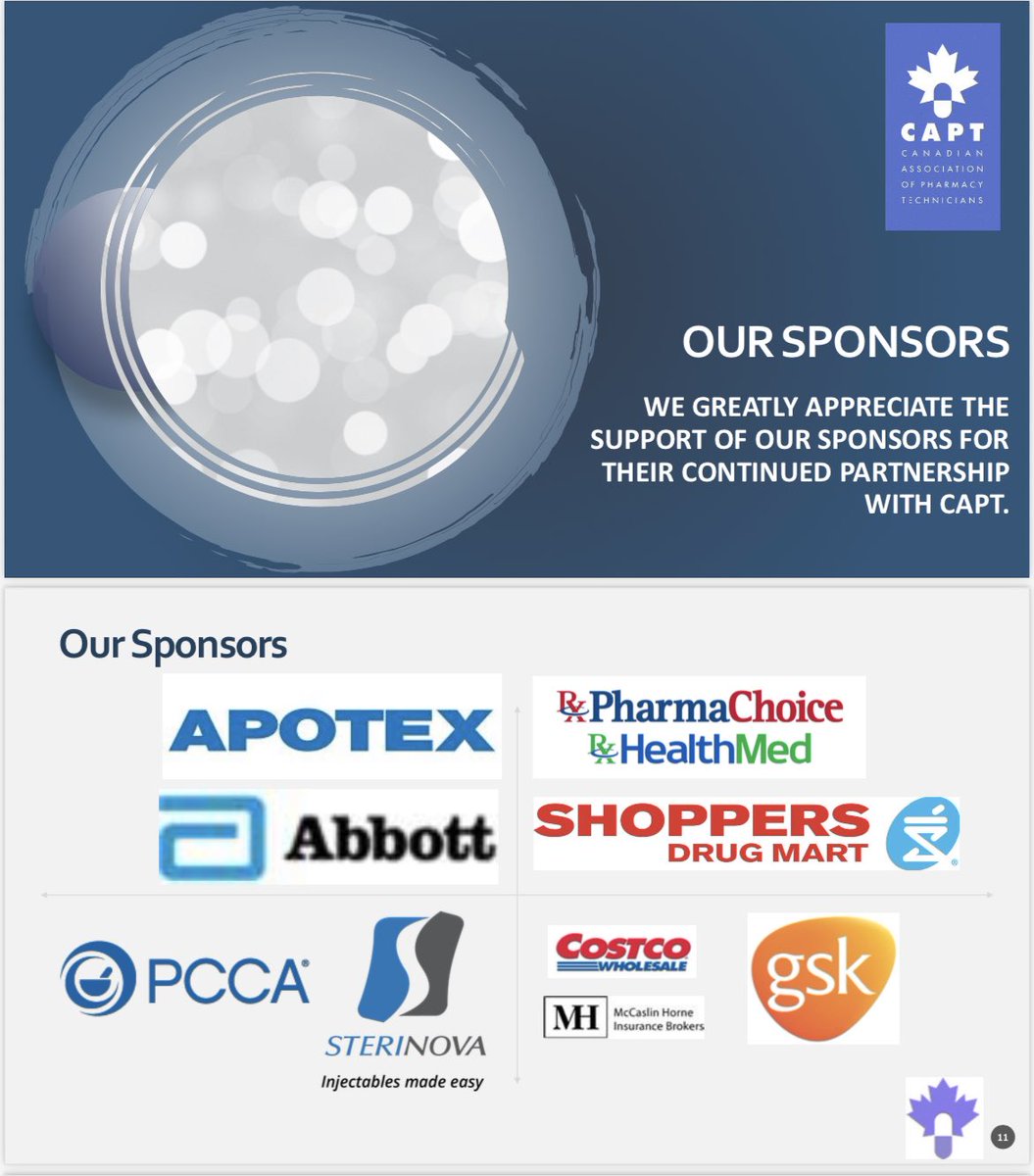 Our conference could not be possible without the support from our sponsors 
#pharmacytechnicians #pharmacy #professionaldevelopment #conference #sponsorship 
<a href="/PharmaChoice/">PharmaChoice</a> <a href="/ShopprsDrugMart/">Shoppers Drug Mart</a> <a href="/costcocanada/">Costco Canada</a> <a href="/AbbottNews/">Abbott</a> <a href="/pccarx/">PCCA</a> <a href="/GSK/">GSK</a> <a href="/sterinova/">Sterinova</a> <a href="/Apotex/">Ahahah</a>