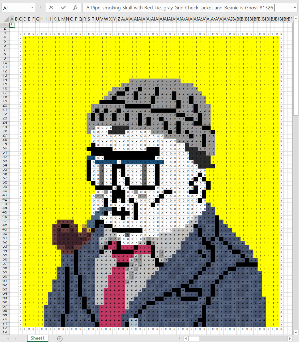 taekabow's tweet photo. [ Taekabow x Cochang ]
A Pipe-smoking Skull with Red Tie, gray Grid Check Jacket and Beanie is Ghost #1326.

Alternative to Adobe account errors, I found new creation tool and created MS EXCEL-ed Cochang.

Thx to @cochang_eth @ghosts_bar 
#NFT #NFTCommunity #nfts #ghostbar #excel https://t.co/ZHHqrmeysW