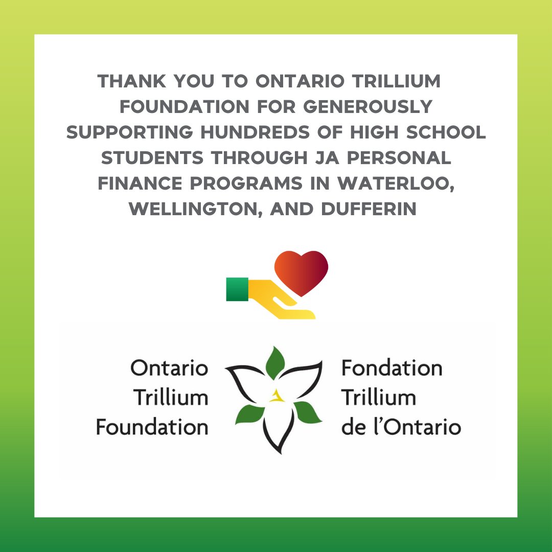 JA_SWO's tweet image. #ThankYouThursday !

Thank you to Ontario Trillium Foundation for supporting hundreds of high school students through JA personal finance programs in Waterloo, Wellington and Dufferin!

#jaswo #japrograms #waterloo #wellington #dufferin #personalfinance