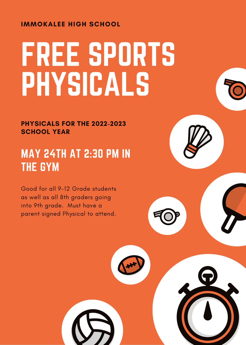 Coach Siner (@chrissiner) on Twitter photo <a href="/Indians_IHS/">Immokalee HS Indians</a> <a href="/ImmokaleeFB/">Immokalee High Football</a> <a href="/ImmokaleeSB/">IHS Softball π₯</a> <a href="/IMMOKALEEHOOPS/">Immokalee Basketball</a> <a href="/Imm_Baseball/">Immokalee Baseball</a> @IHSIndiansVBall <a href="/IHSIndiansLax/">Immokalee Boys Lacrosse</a>
Free Physicals for all students looking to play sports next year at Immokalee High School! You must have a signed physical form by a parent or guardian to attend. <a href="/Indians_IHS/">Immokalee HS Indians</a> <a href="/ImmokaleeFB/">Immokalee High Football</a> <a href="/ImmokaleeSB/">IHS Softball π₯</a> <a href="/IMMOKALEEHOOPS/">Immokalee Basketball</a> <a href="/Imm_Baseball/">Immokalee Baseball</a> @IHSIndiansVBall <a href="/IHSIndiansLax/">Immokalee Boys Lacrosse</a>
Free Physicals for all students looking to play sports next year at Immokalee High School! You must have a signed physical form by a parent or guardian to attend.