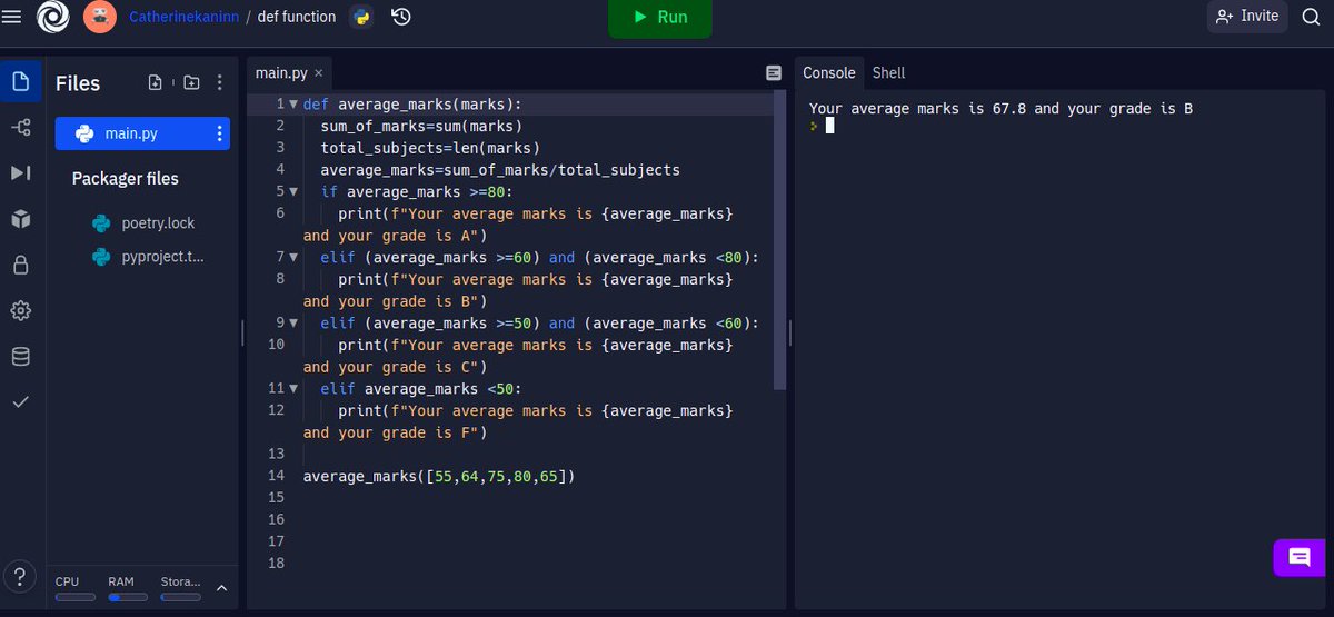 CKaninni's tweet photo. #100dayscodechallenge
#codeHive2022
#day11of100daysofcode
I worked on a program that calculates students average marks and grade.I used if and elif statements https://t.co/pyUm8CZyHE