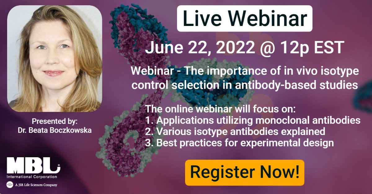 MBLICorp's tweet photo. 🧪🔬🥼👩‍🔬👨‍🔬 Register for our upcoming Webinar - The importance of in vivo isotype control selection in antibody-based studies
 Register Today! https://t.co/TvfwTpaPtY 
#DrugDiscovery #Webinar #IsotypeControls #InVivo https://t.co/owTIY5tPlU