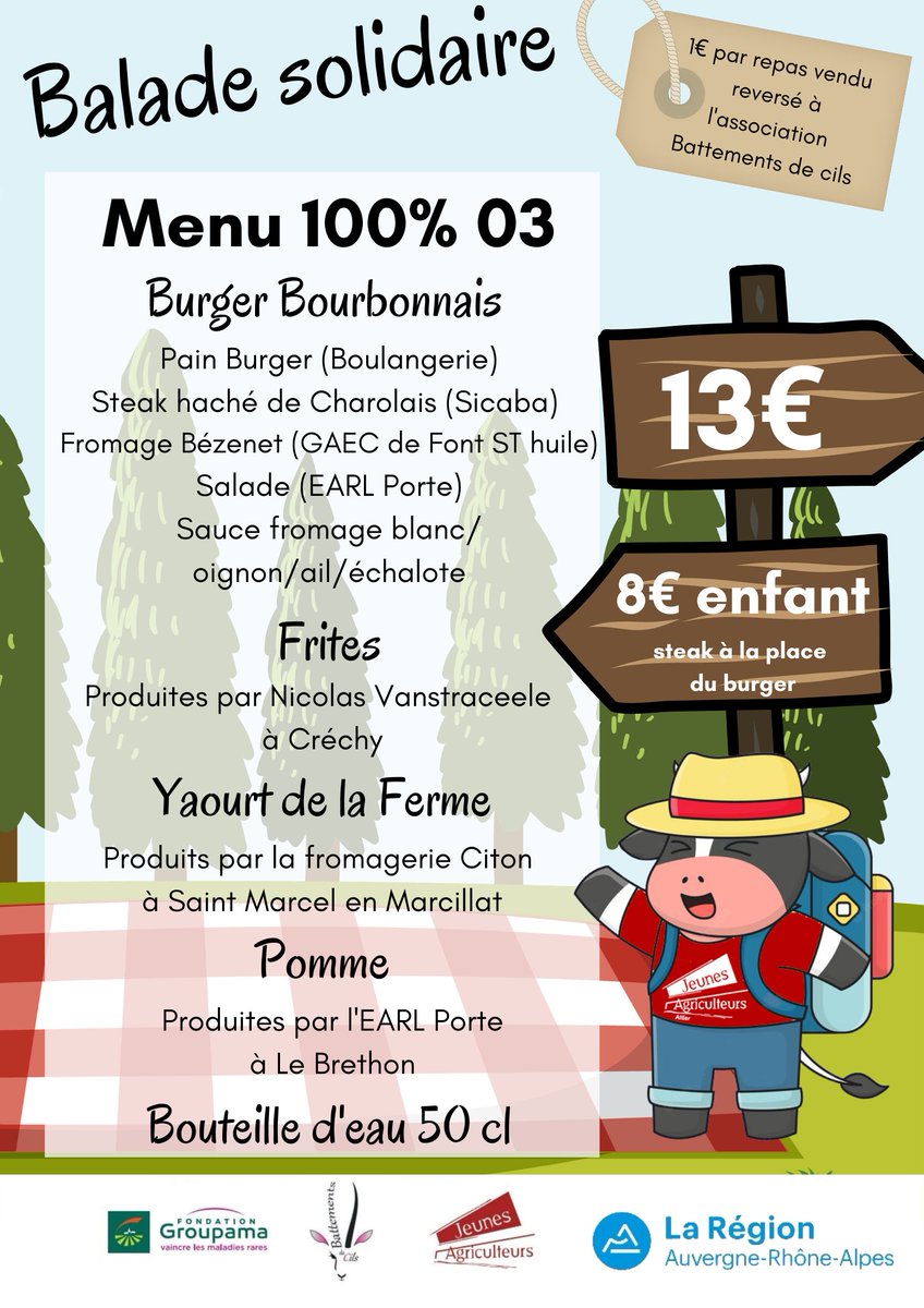 Rendez vous ce dimanche à partir de 8h30 à la salle polyvalente à Marcillat en Combrailles pour une marche solidaire.
On vous attends à midi avec un menu burger bourbonnais 100% LOCAL.