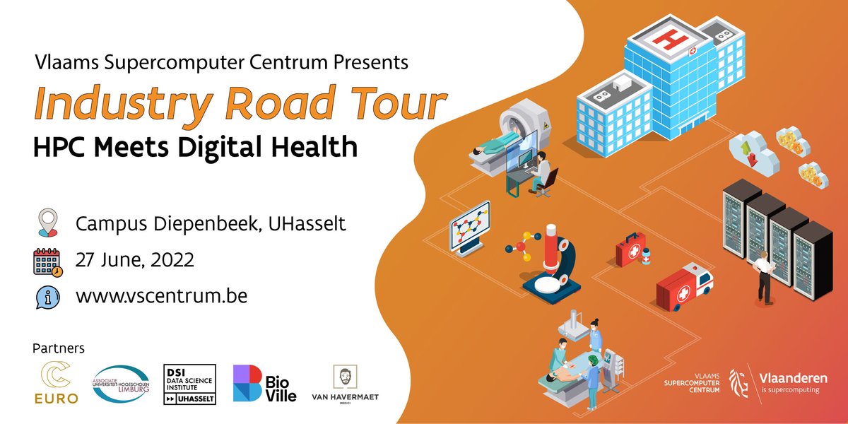 🔴𝐕𝐒𝐂 𝐈𝐧𝐝𝐮𝐬𝐭𝐫𝐲 𝐑𝐨𝐚𝐝 𝐓𝐨𝐮𝐫: 𝐇𝐏𝐂 𝐦𝐞𝐞𝐭𝐬 𝐇𝐞𝐚𝐥𝐭𝐡🔴
As part of the VSC Industry Road Tour, VSC organizes a live networking session themed around health.
🗓 27 June 2022
⌚️ 18:00 - 22:00 CET
📍UHasselt, Campus Diepenbeek
🌐 eventbrite.be/e/tickets-vsc-…