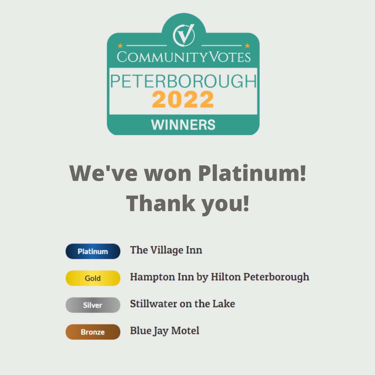We have won Platinum in the Hotels, Inns and Bed-and-Breakfasts category for CommunityVotes - Peterborough!

Thank you to everyone that voted, and congratulations to the fellow winners! 🛌🛎
#communityvotes #lakefield #ontariohotels #ontarioinns #ptbo #peterborough