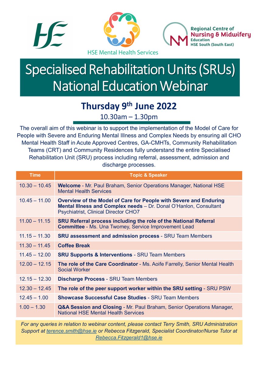 rcnme_se's tweet photo. Specialised Rehabilitation Units (SRUs) National Education Webinar - 9 June 2022. 
Link to register - https://t.co/Vhb5PeUjst 
#ModelofCare #MentalHealthStaff #SRU
@RebeccaC90 @AnnCahill77 @SouthEastCH @nurse_practice @CkstMhs https://t.co/aV8Q1Gg4JV