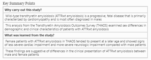 Cardio_Therapy's tweet photo. This analysis of the #THAOS registry showed that female patients with #ATTRwt #amyloidosis tend to present later with signs of less severe #cardiac impairment and more severe #neurologic impairment than male patients.
Read #OpenAccess: https://t.co/SI5A23Fsmx https://t.co/iaxFzMokQk
