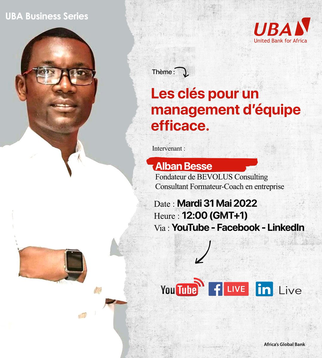UBACongo's tweet photo. #UBABusinessSeries
@albanbesse sera l'invité de notre 9e numéro.
Avec lui, nous discuterons autour du thème "𝗟𝗲𝘀 𝗰𝗹𝗲́𝘀 𝗽𝗼𝘂𝗿 𝘂𝗻 𝗺𝗮𝗻𝗮𝗴𝗲𝗺𝗲𝗻𝘁 𝗱’𝗲́𝗾𝘂𝗶𝗽𝗲 𝗲𝗳𝗳𝗶𝗰𝗮𝗰𝗲"
📆31/05/22
⏰12H00
📍YouTube
Cliquez sur https://t.co/c3M2aKKD6p pour vous inscrire. https://t.co/TqJTlhyQfR