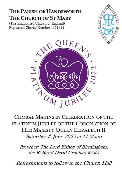 Join us for our service of Choral Matins on 4th June, to celebrate HM The Queen’s #PlatinumJubilee with <a href="/revrstephen/">Fr Bob Stephen</a> and Bishop of Birmingham <a href="/David_Urq/">David Urquhart</a>