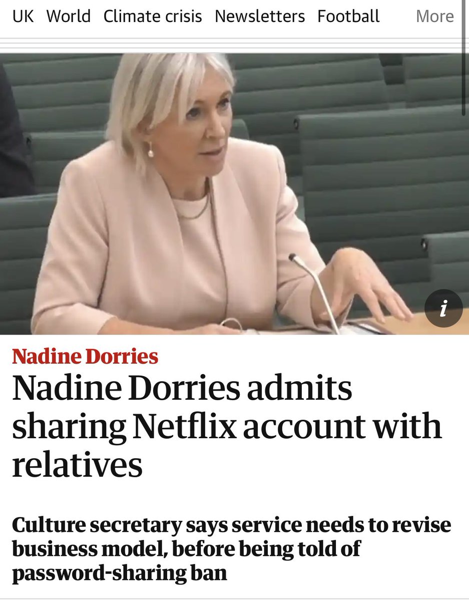 This is glorious - Nadine offers Netflix business model advice before telling a committee of MPs on live TV that she shares her Netflix account details with 4 other households, with the Permanent Secretary having to tell her this isn’t allowed. Stick that in a novella. Amazing.