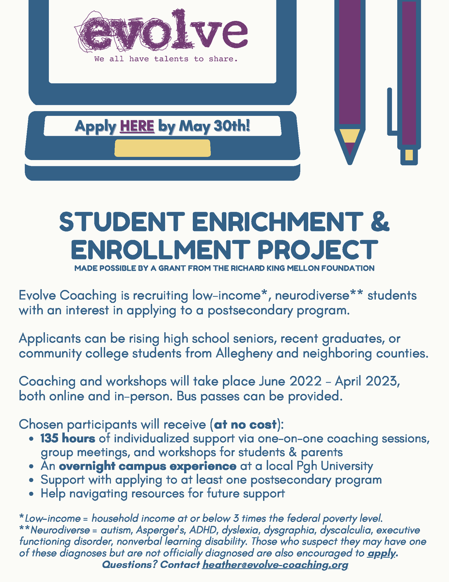 ASERT_PAautism's tweet photo. 🙋@evolvecoaches #Student Enrichment & Enrollment Program offers intensive coaching support to 10 low-income, #neurodiverse students.
Apply here by May 30th! 🗓 ➡️ https://t.co/lfLCG3cADh
#Autism #ASD #AutismSpectrumDisorder #EvolveCoaching #SelfAdcocacy #SpecialEducation https://t.co/6TbNhMP9fO