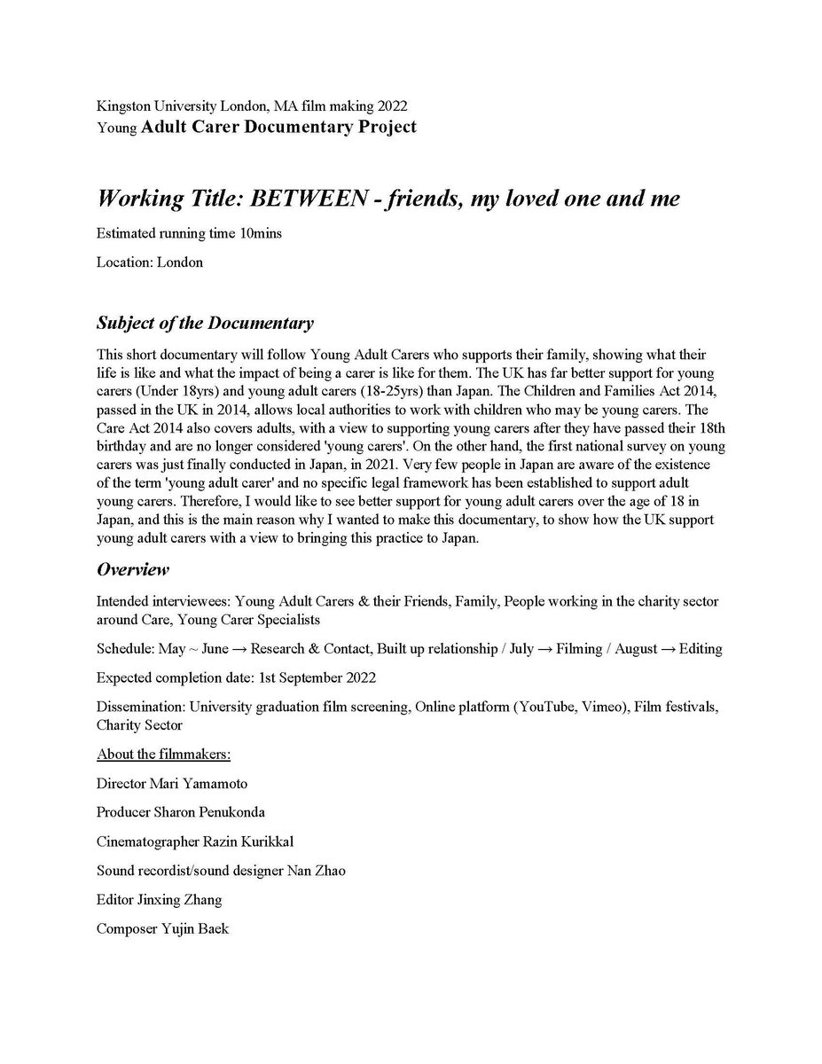 MariYEdwards's tweet photo. Hello everyone.

I'm looking for interviewees who has interested in our short documentary project about “ #youngadultcarer “. 

Here is film proposal. Please contact me freely!

#youngcarer #youngcarerfestival https://t.co/KBBRyscyFj