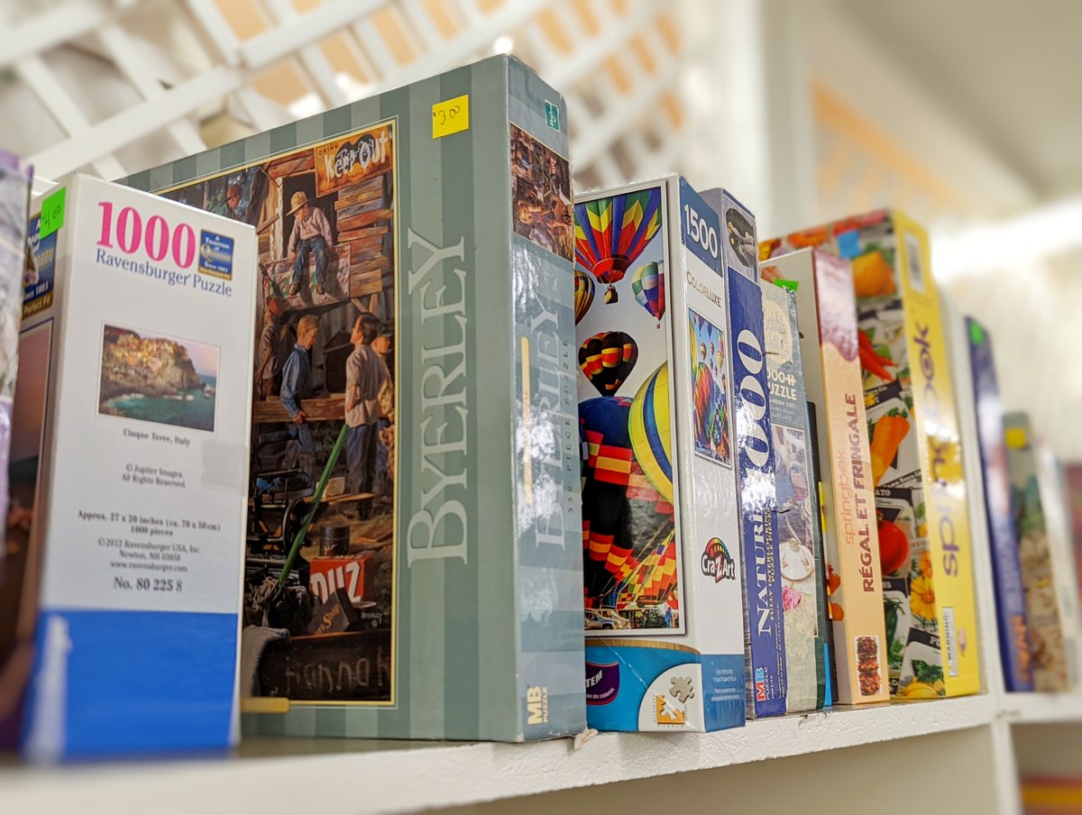 NearlyShop's tweet photo. Puzzles are always in stock! Browse the toy section in the back of the store to see what your next puzzle will be. #ThriftStore #NearlyNewShop #Puzzles https://t.co/bZxGLdt6DL