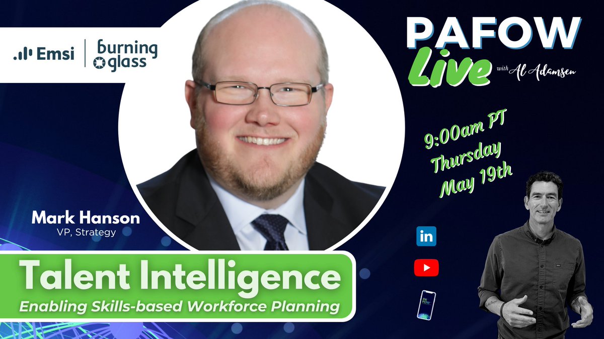 Livelihoodio's tweet photo. 9:00am PT today, 5/19, @aladamsen hosts Mark Hanson of @EmsiBG to explore Talent Intelligence &amp; Skills-based Workforce Planning. Join the discussion here on Twitter or on LinkedIn Live: https://t.co/Fd0pMCRNVC #PeopleAnalytics #TalentIntelligence #WorkforcePlanning #pafow https://t.co/dFElFsfpWq