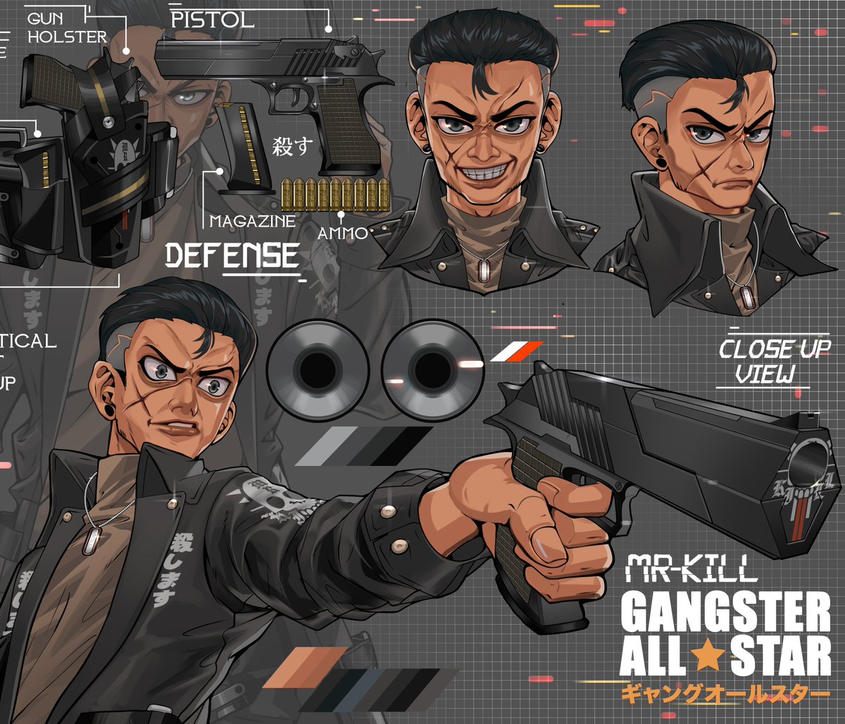 Here is my take on what a character concept of ☆Mr.Kill☆ would look like. I  added a few of my own ideas to his arsenal/equipment, while keeping the  style in line with