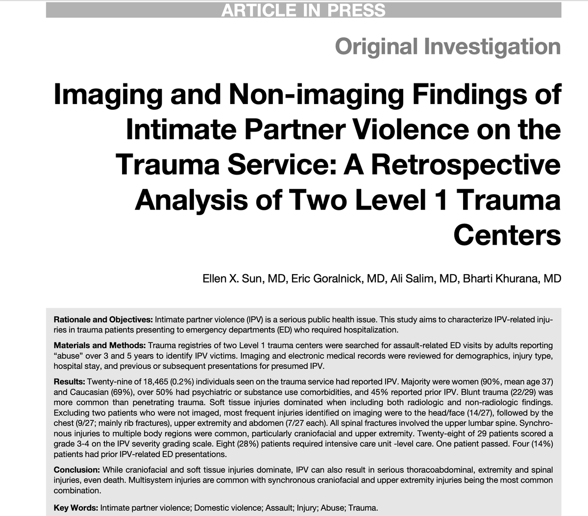 KhuranaBharti's tweet photo. Grateful to @steppingstrong1 @EricGoralnick Ali Salim &amp; incredibly proud of #mentee #EDRad @elonwysun for this multidisciplinary collaborative work that shows severe injuries due to #domesticviolence in patients on #trauma #surgery service @BrighamWomens  https://t.co/BWaHNejTNk https://t.co/1uWG5eNgIZ