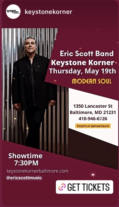 Eric Scott (@eric_j_scott) on Twitter photo Baltimore! See you tonight at <a href="/KornerKeystone/">Keystone Korner Baltimore</a> at 7:30pm. Tix at bit.ly/esbkkb51922
#baltimore #dcsoul #funk #soul #jazz #peacebomb Baltimore! See you tonight at <a href="/KornerKeystone/">Keystone Korner Baltimore</a> at 7:30pm. Tix at bit.ly/esbkkb51922
#baltimore #dcsoul #funk #soul #jazz #peacebomb