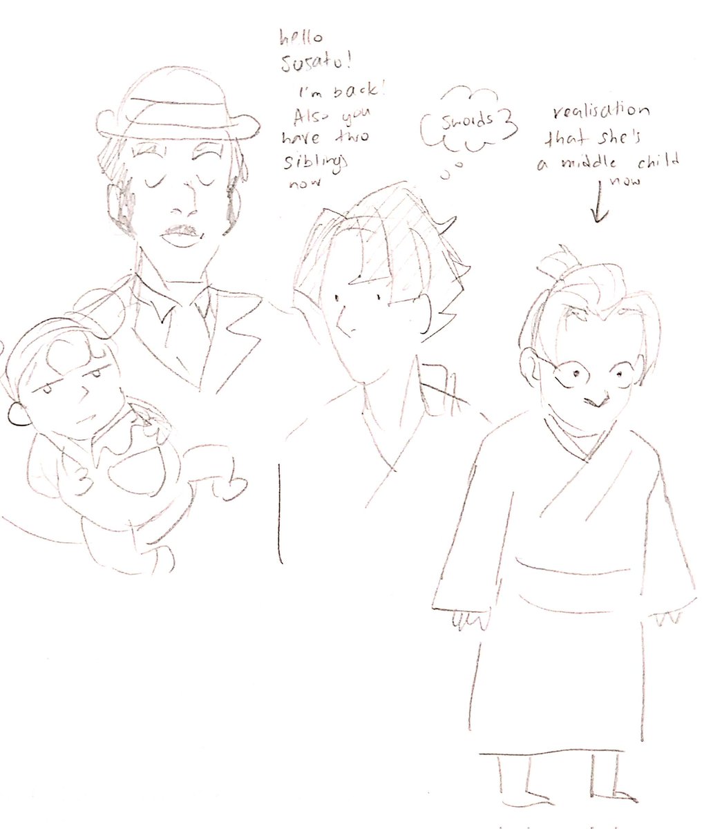 ID: a traditionally drawn black and white pencil sketch. It shows Yujin Mikotoba holding baby Iris Wilson with teenage Kazuma Asogi by his side. Yujin says: "Hello Susato! I'm back! Also you have two siblings now!" A thought bubble has been drawn above Kazuma's head that reads "swords". Next to this sketch there's a sketch of Susato Mikotoba as a child. Her eyes are drawn comically large and the text "realisation that she's a middle child now" with an arrow pointing towards her is written above her head. End ID.