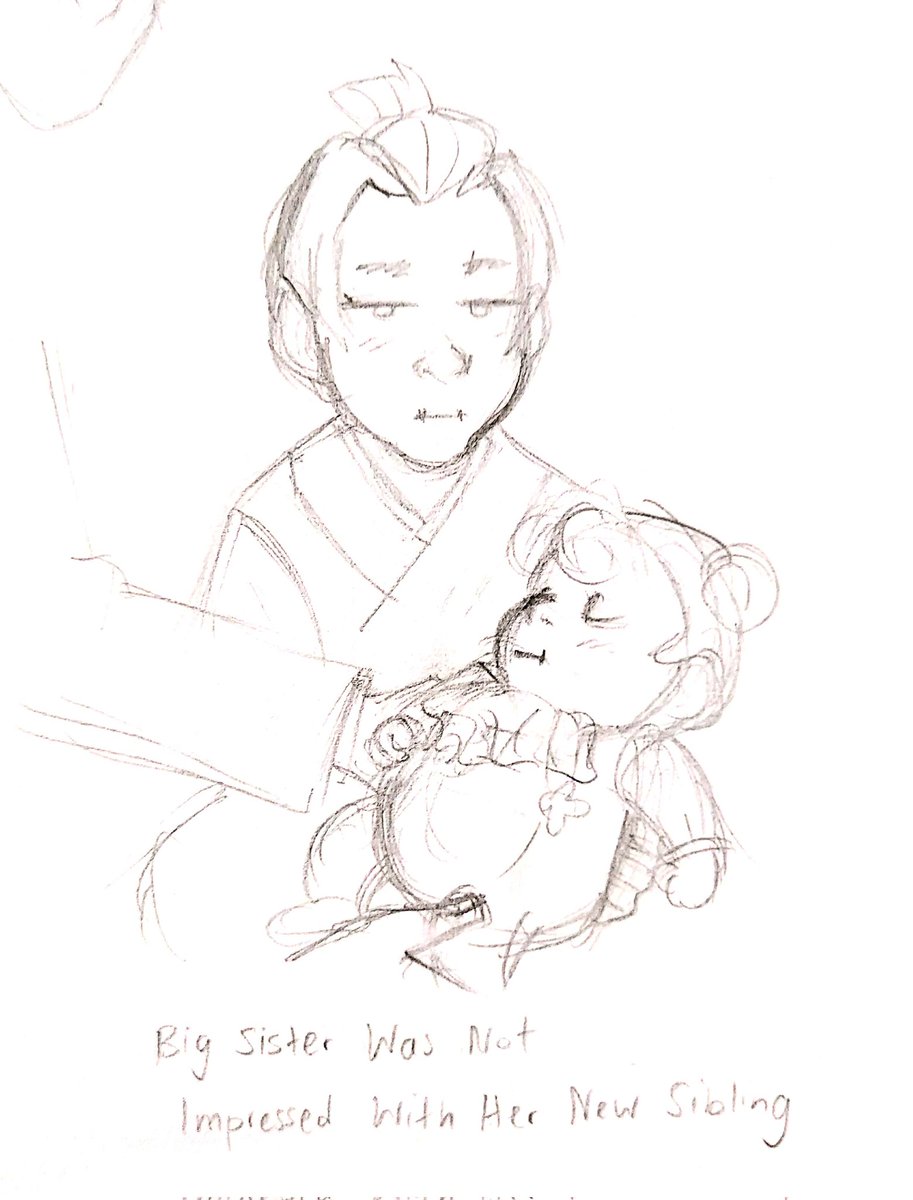 ID: a traditionally drawn black and white pencil sketch. It shows Susato Mikotoba as a kid being handed baby Iris Wilson. Susato's expression is unimpressed. The text under the sketch reads "Big Sister Was Not Impressed With Her New Sibling. End ID.