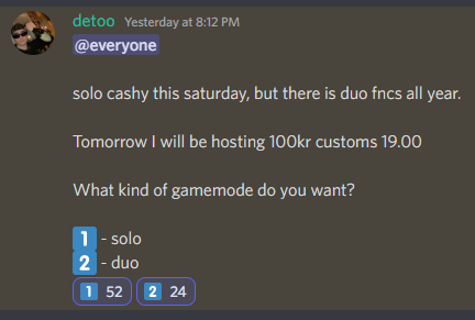 detoo_'s tweet image. HOSTING 100KR PR WIN CUSTOMS 19.00 💸

GO VOTE FOR GAMEMODE, CURRENTLY SOLO IS IN A FAT LEAD

Reply if you are not in the new server and need inv