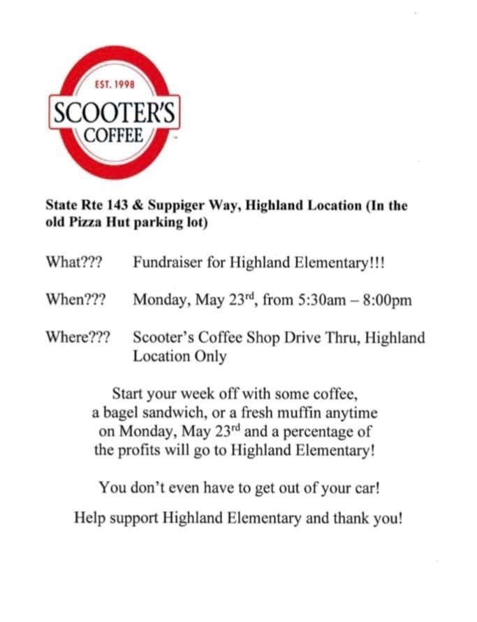HSD5HE's tweet photo. Please come support a new business and Highland Elementary at the same time! Grab a drink or a bite to eat at Scooters on Monday, May 23, and a percentage of the sales will go to our school. https://t.co/PVT8Ikp4mX