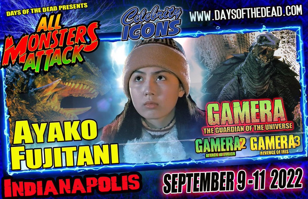 Sean Barry (@cinemaofjapan) on Twitter photo Wonderful actress <a href="/ayakofujitani/">ayakofujitani</a> will be appearing at this years All Monsters Attack convention in Indianapolis, Indiana this September. Outside of Gamera, Fujitani has also acted in films like Shiki-Jitsu, Tokyo!, <a href="/ManFromRenoFilm/">ManFromRenoFilm</a>, and <a href="/IWMYMfilm/">I Will Make You Mine</a>.
daysofthedead.com/allmonstersatt… Wonderful actress <a href="/ayakofujitani/">ayakofujitani</a> will be appearing at this years All Monsters Attack convention in Indianapolis, Indiana this September. Outside of Gamera, Fujitani has also acted in films like Shiki-Jitsu, Tokyo!, <a href="/ManFromRenoFilm/">ManFromRenoFilm</a>, and <a href="/IWMYMfilm/">I Will Make You Mine</a>.
daysofthedead.com/allmonstersatt…