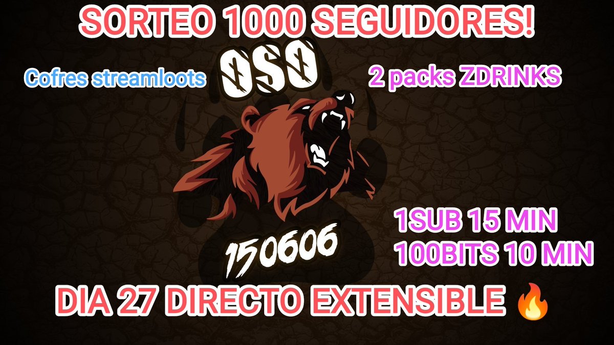 Sorteazo por los 1000 seguidores🔥
 2 packs @DrinksZeta 
 Para participar 
🐻 RT + LIKE 
🐻SEGUIR @DrinksZeta y  <a href="/oso150606x/">OSO150606</a> en Twitter
🐻 SEGUIR A OSO150606 EN TWITCH
🐻MENCIONA DOS AMIG@S 
SORTEO FINALIZA EL 27 DE MAYO Y SE REALIZARÁ EN EL DIRECTO EXTENSIBLE
SOLO EN ESPAÑA 🙏
