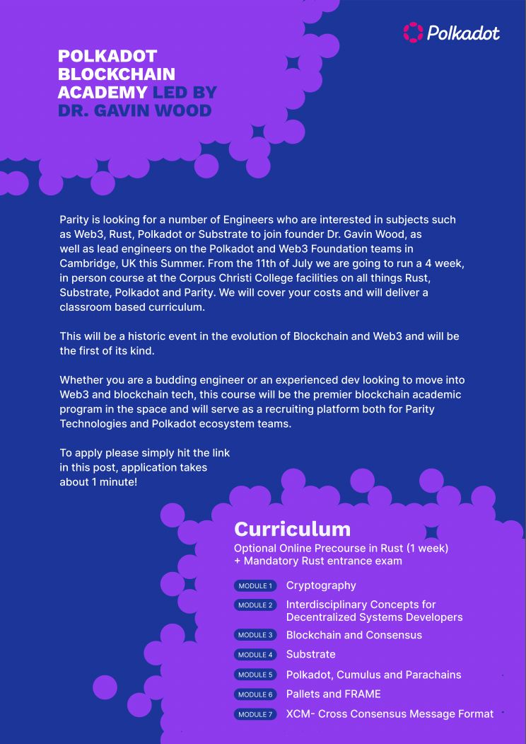 Parity Technologies (@paritytech) on Twitter photo Want to build the future of blockchain and #Web3? Join the first <a href="/Polkadot/">Polkadot</a> Blockchain Academy taking place July 11 - August 7 at <a href="/Cambridge_Uni/">Cambridge University</a> to learn from Polkadot founder <a href="/gavofyork/">Gavin Wood</a> and core engineers from Parity and @Web3Foundation.
To apply now: parity.link/PBA Want to build the future of blockchain and #Web3? Join the first <a href="/Polkadot/">Polkadot</a> Blockchain Academy taking place July 11 - August 7 at <a href="/Cambridge_Uni/">Cambridge University</a> to learn from Polkadot founder <a href="/gavofyork/">Gavin Wood</a> and core engineers from Parity and @Web3Foundation.
To apply now: parity.link/PBA