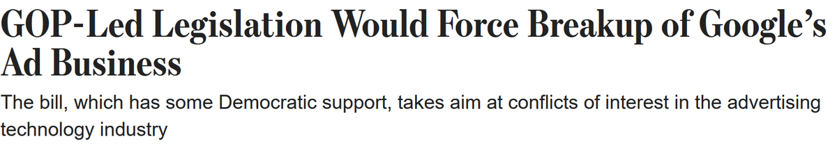 dlauer's tweet image. So today it was finally announced that @SenMikeLee, along with several Dem co-sponsors have introduced legislation aimed at breaking up the Google and Facebook ad exchange monopolies. These firms act as buyer, seller, and exchange, wielding massive power.
wsj.com/articles/gop-l…