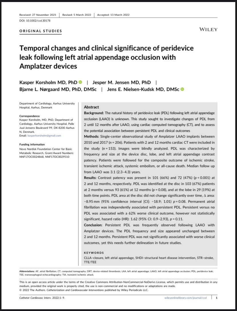 Fantastic to be at #EuroPCR again! Had the pleasure to present on #PDL changes from 2- to 12-months following Amplatzer #LAAO as assessed by #yesCCT. The study was simultaneous published in @ccijournal @Nielsen_Kudsk @AUHCardio @AUHdk @AarhusUni doi.org/10.1002/ccd.30…