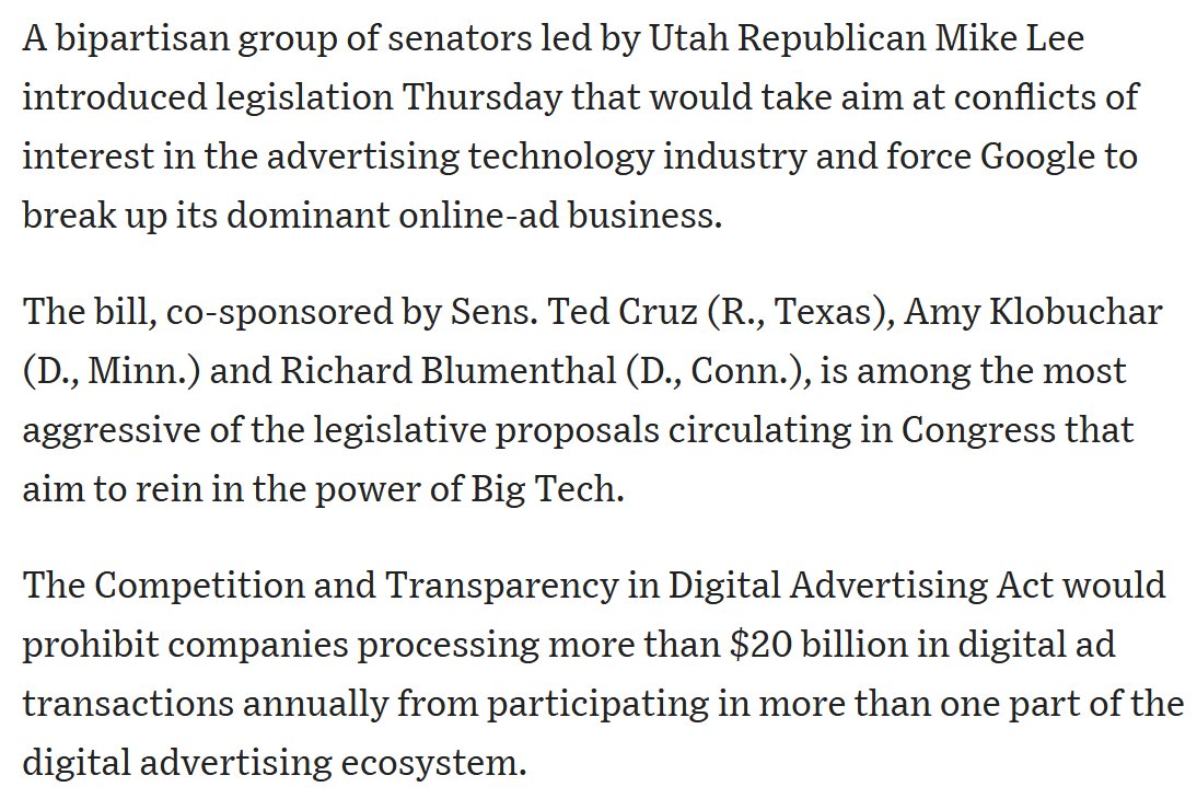 dlauer's tweet image. So today it was finally announced that @SenMikeLee, along with several Dem co-sponsors have introduced legislation aimed at breaking up the Google and Facebook ad exchange monopolies. These firms act as buyer, seller, and exchange, wielding massive power.
wsj.com/articles/gop-l…