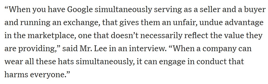 dlauer's tweet image. So today it was finally announced that @SenMikeLee, along with several Dem co-sponsors have introduced legislation aimed at breaking up the Google and Facebook ad exchange monopolies. These firms act as buyer, seller, and exchange, wielding massive power.
wsj.com/articles/gop-l…