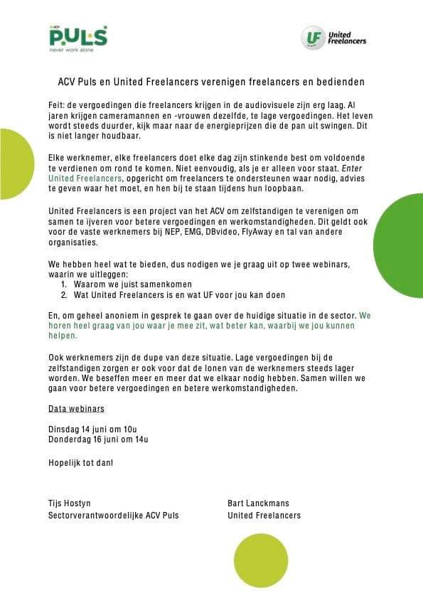 TijsHostyn's tweet photo. Ken je iemand die werkt als freelancer in de audiovisuele sector? Wij gaan met de collega’s in gesprek over hoe we de vergoedingen eindelijk kunnen laten stijgen. https://t.co/BvVkEE979S