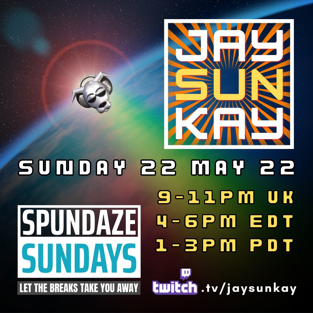 jaysunkay's tweet photo. Mixing up old school electro funky breakbeat flavors on my debut for Spundaze Sundays this week. You’re invited! Tune in, turn on. Live 22 May 22 / 9-11pm UK / 4-6pm EDT / 1-3pm PDT 🚀 #jaysunkay #stereophonictonic #spundazesundays #twitchstreamer #twitch https://t.co/5SmxNaJVLd https://t.co/82oCC80Acp