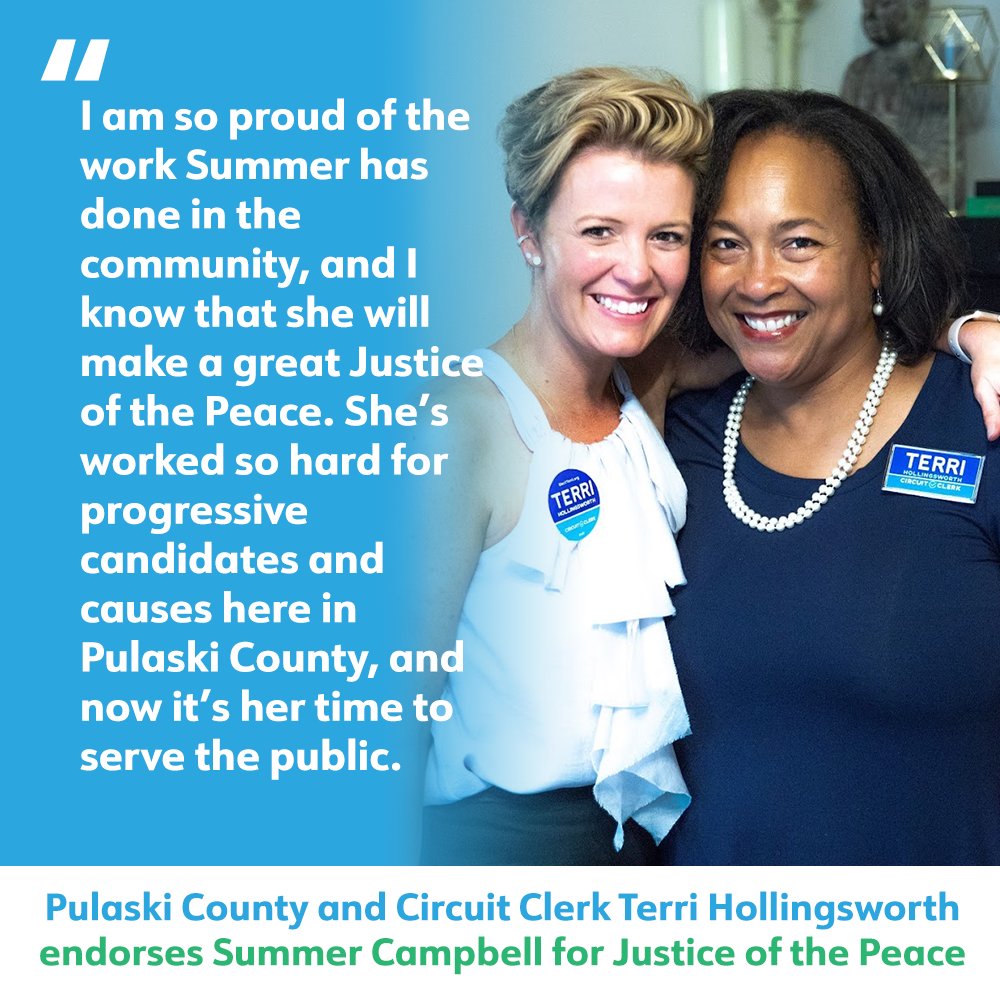 VoteSummerAR's tweet photo. "I am endorsing Summer Campbell for Pulaski County Justice of the Peace. Summer is a committed, passionate person and one of the best cheerleaders 📣 you will find. Summer is a small business owner, who loves her community and is passionate about improving it." - @ElectTerri https://t.co/YxYtBmwF98