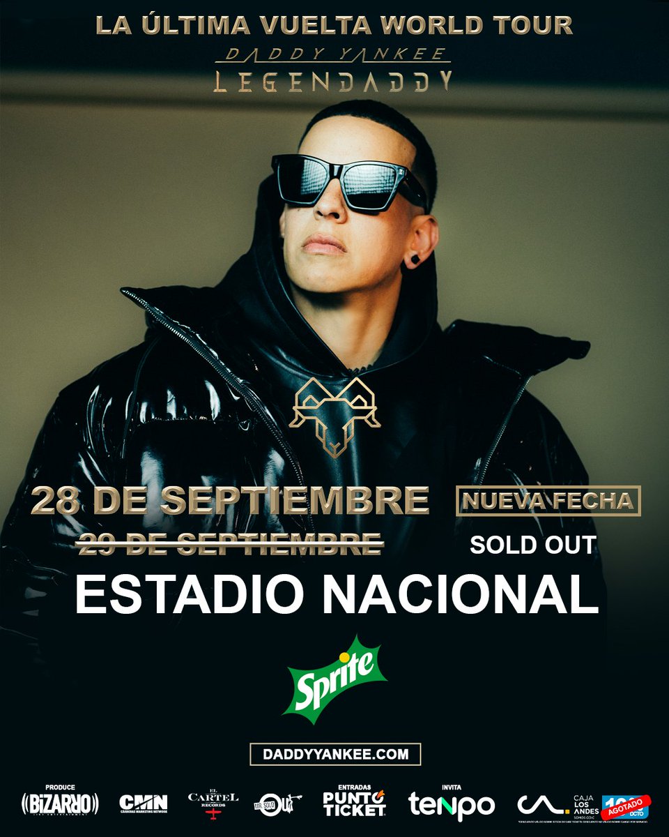 SOLD OUT y NUEVA FECHA PARA <a href="/daddy_yankee/">Daddy Yankee 😀 (DY)</a> 
 EN CHILE.

The Big Boss agotó entradas en 60 minutos, marcando un hito histórico en nuestro país.

28 de septiembre - Estadio Nacional 

Entradas disponibles a las 12:00 por sistemas @Puntoticket

#DYenChile  #Legendaddy #BizarroLiveCL