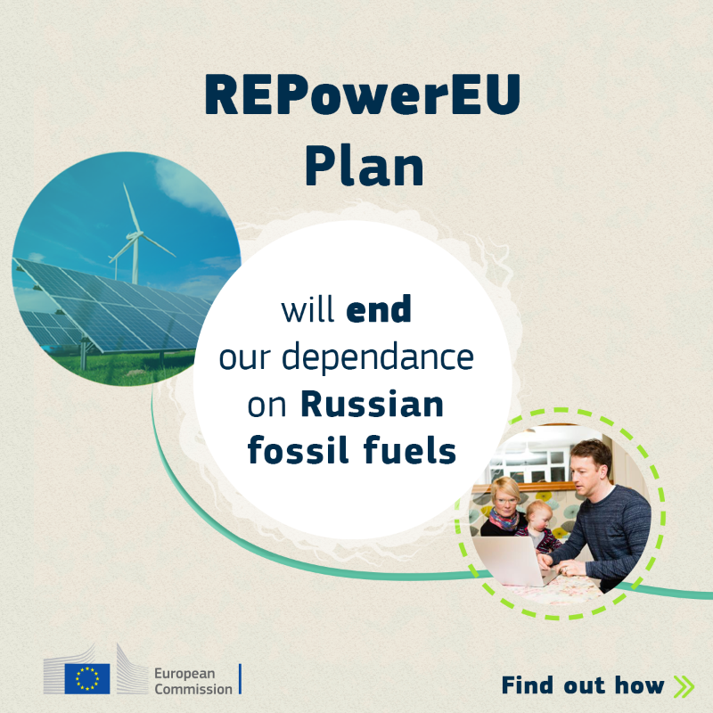 EU_Commission's tweet photo. The #REPowerEU is about ending our dependence on Russian fossil fuels.

It's also about accelerating the green transition while strengthening economic growth and security.

Find out how 👉