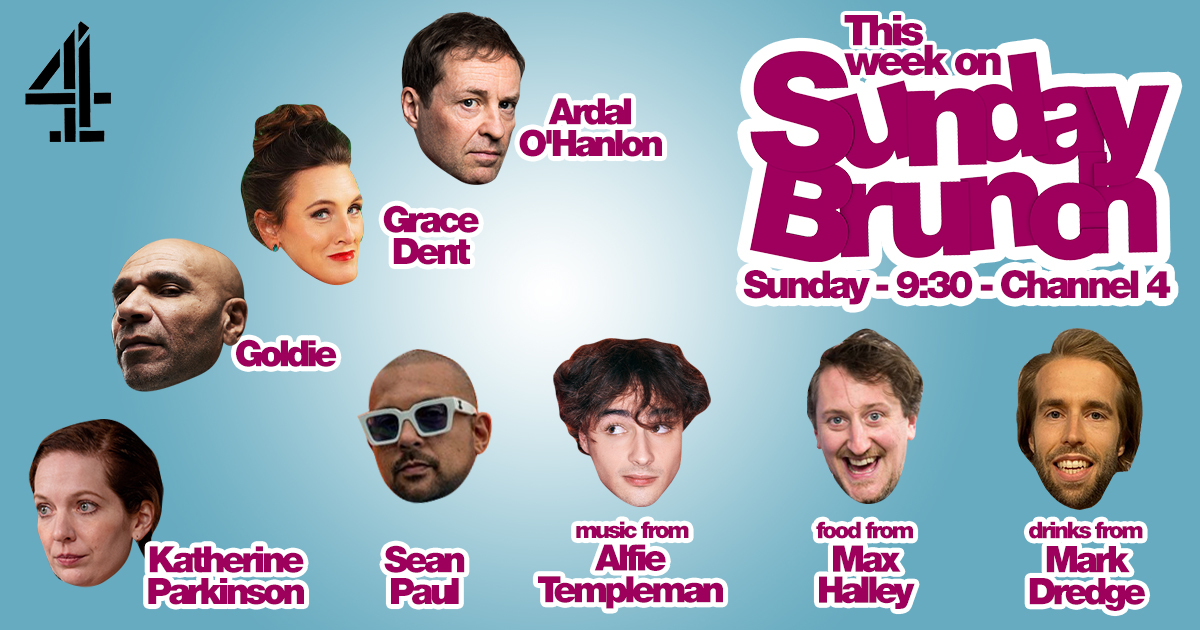 SundayBrunchC4's tweet photo. Tomorrow on #SundayBrunch! 📺 @ardalsfolly, @gracedent, @MRGOLDIE, #KatherineParkinson & @duttypaul are joining us! 🤩 Plus food from #MaxHalley & drinks from @markdredge! 🍻 PLUS LIVE MUSIC from @alfietempleman 💜 We can't wait! 9:30am on @Channel4! 😁 https://t.co/lycaiSV19K