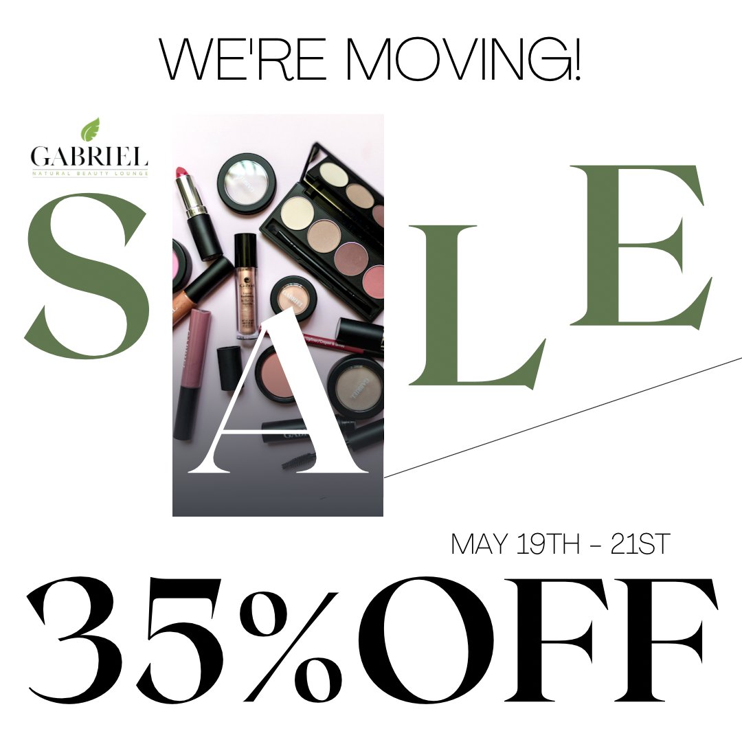 We’re having an early Memorial Day and moving sale! ✨ Take 35% OFF your purchase exclusively at the Gabriel Natural Beauty Lounge from May 19th - 21st. 

Hours: 12-4pm, Thursday to Saturday 

Stay tuned for more details on our new and exciting location!