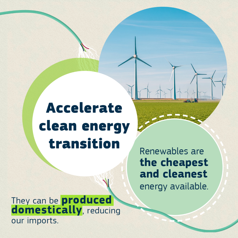 EU_Commission's tweet photo. The #REPowerEU is about ending our dependence on Russian fossil fuels.

It's also about accelerating the green transition while strengthening economic growth and security.

Find out how 👉