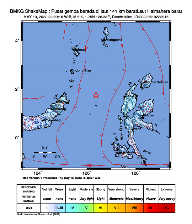 #Gempa Mag:5.5, 19-Mei-22 22:29:16 WIB, Lok:1.75 LU, 126.38 BT (Pusat gempa berada di laut 141 km baratLaut Halmahera barat), Kedlmn:10 Km Dirasakan (MMI) III Manado, III Tondano, III Bitung #BMKG