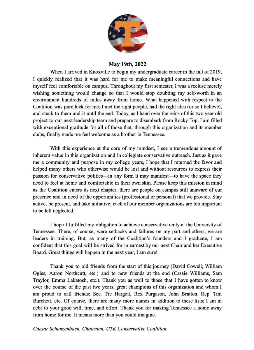 “Thank you for the opportunity to serve UTK’s conservative movement. I hope to be back in Knoxville again soon. Go Vols! 🇺🇸🍊” - <a href="/CaesarSch/">Caesar A. Schanzenbach</a>, Chairman