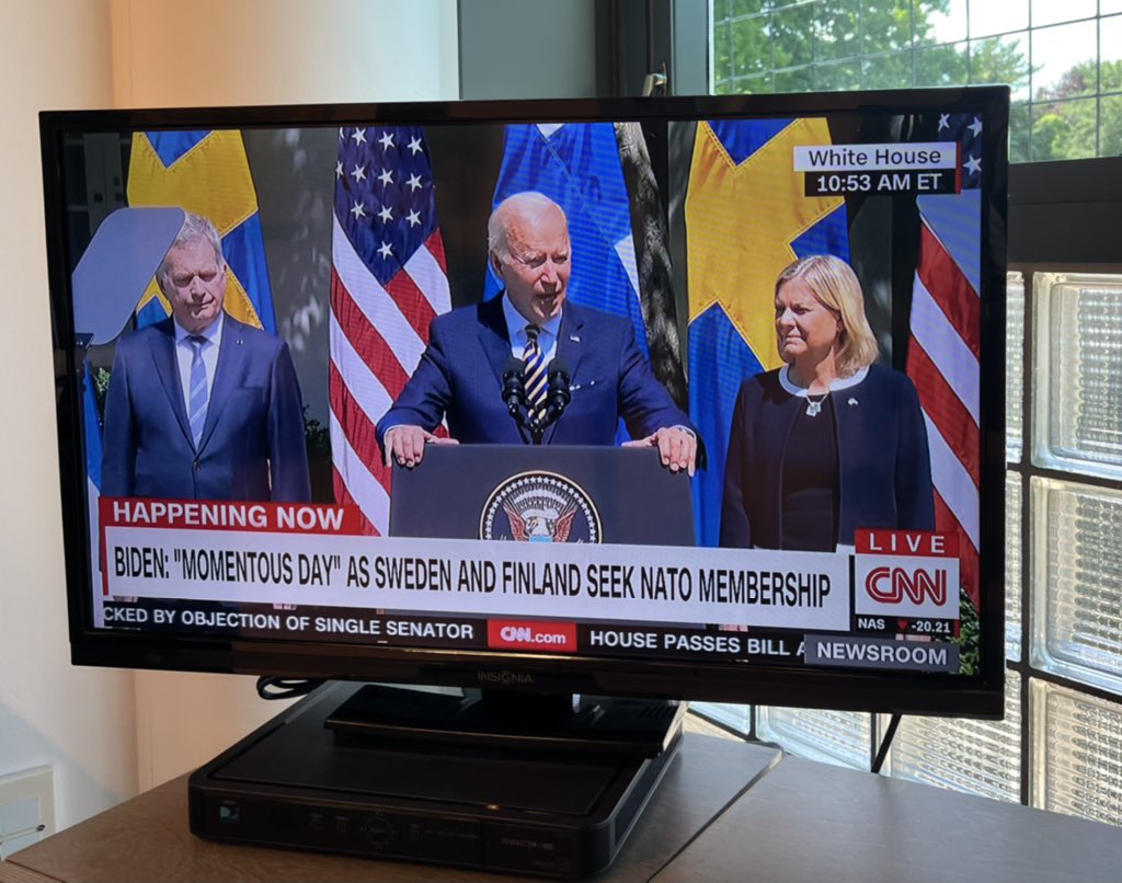 sirpanyberg's tweet photo. ”Finland and Sweden will make NATO stronger.” Embassy’s Political Team taking a break to follow today’s press in the Rose Garden. https://t.co/tKEgXl1MOd