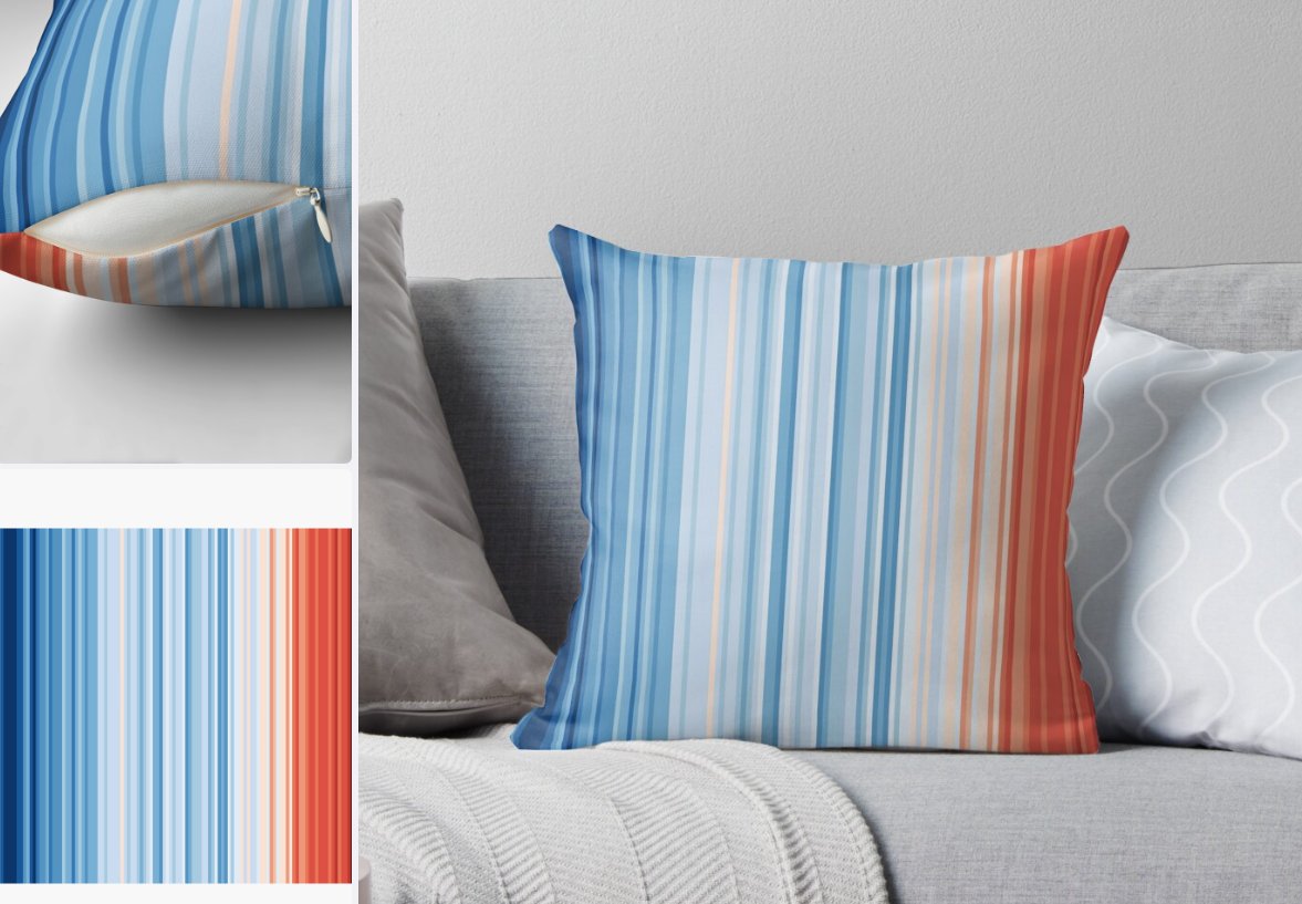 NiranjanAjit's tweet photo. somebody is selling cushion covers visualizing temperature rise since the industrial revolution and the 150 reviews are all people praising the fabric and colors who seem not to realize they're sitting on a visual representation of an increasingly inhospitable planet https://t.co/FlpsjRCjDn