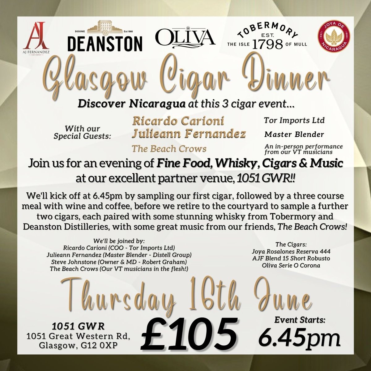 RGWhisky's tweet photo. Our upcoming Tasting Events for June:

'Discover Nicaragua' dinners, with Tobermory &amp; Deanston drams:
15th - Indigo Yard, Edinburgh 
16th - 1051 GWR, Glasgow

Caldwell cigar dinner, with Tomintoul Whiskies:
22nd - Stolen &amp; Liquor Loft, Cambridge

https://t.co/swOdvO9y6g https://t.co/Wccm7lTRzS